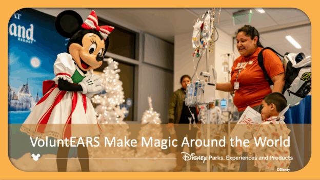 Minnie Mouse and Disney VoluntEARS bring holiday cheer to a hospital, delighting guests near sparkling white Christmas trees.