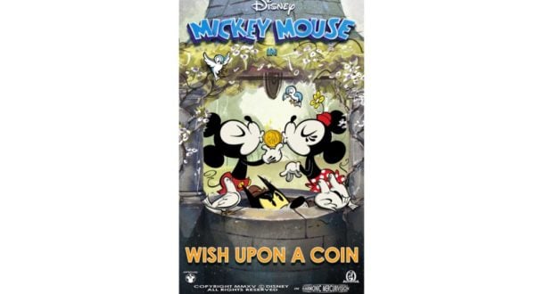 Mickey and Minnie Mouse toss a coin into a wishing well at Disney Parks, surrounded by colorful birds and flowers.