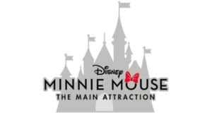 Disney castle silhouette with "Disney Minnie Mouse The Main Attraction" and a red bow on "Mouse," celebrating Minnie’s style.