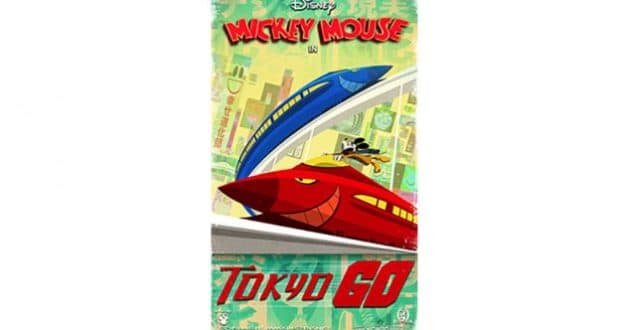Mickey Mouse rides a red train below a blue one on a vibrant poster inspired by Tokyo Go and Runaway Railway; reads “Tokyo Go.”.