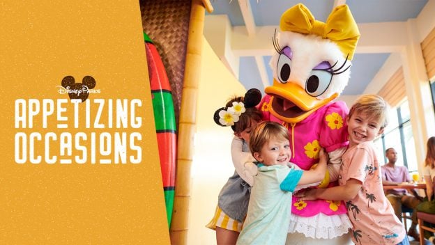 Daisy Duck shares a warm hug with two happy kids at a lively Disney Parks restaurant near the "Appetizing Occasions" sign.