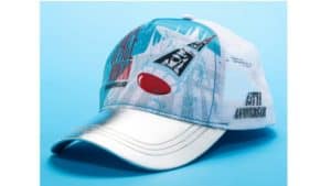 Space Mountain-inspired 45th Anniversary cap with white and blue mesh, red-and-black graphics, and metallic silver brim.