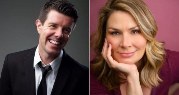 Split image of Broadway stars, a smiling man in a suit and a cheerful woman, celebrating at Epcot’s Festival of the Arts.