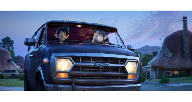 Ian and Barley Lightfoot from Pixar’s Onward relax in Guinevere, parked in a magical suburb as evening falls.