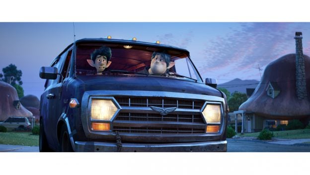 Ian and Barley Lightfoot from Pixar’s Onward relax in Guinevere, parked in a magical suburb as evening falls.