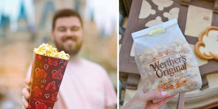Guests indulge in popcorn from a classic red box while Werther’s Original caramel popcorn is shared—a theme park favorite.