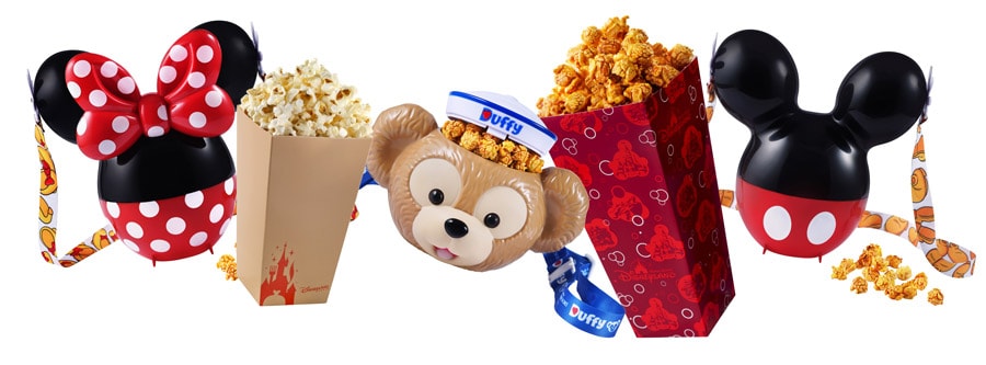 Celebrate National Popcorn Day with collectible Disney popcorn buckets featuring Minnie, Mickey, and Duffy Bear overflowing with popcorn!.