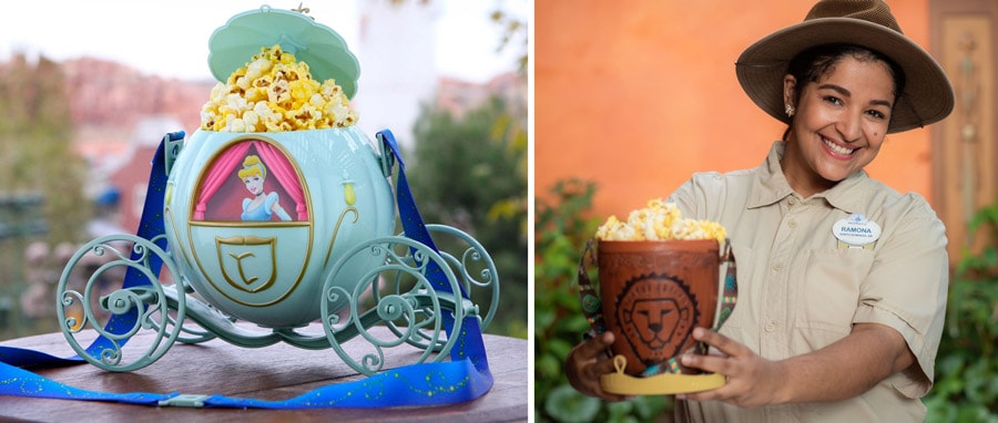 Cinderella’s carriage popcorn bucket on display; Cast Member shows off Lion King bucket for National Popcorn Day at Disney Parks.