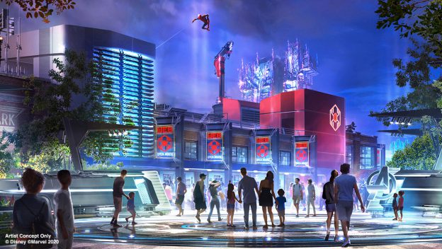 Avengers Campus at Disney California Adventure, buzzing with guests as Spider-Man swings high above the Marvel-inspired buildings.