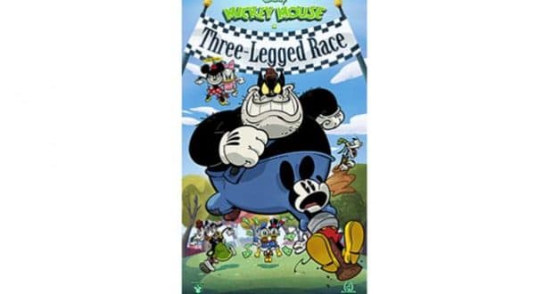 Mickey Mouse and Pete team up for a three-legged race as Disney pals cheer them on, capturing the energy of park poster art.
