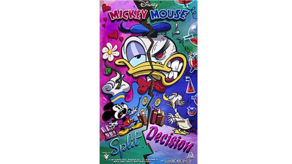 Vibrant Split Decision poster shows Donald Duck’s divided face, with Mickey Mouse, hearts, and gifts—ideal for Disney park fans.