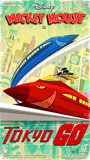 Mickey Mouse zooms on vibrant bullet trains past city signs, echoing Runaway Railway. "Tokyo Go." A must-see Disney adventure!.