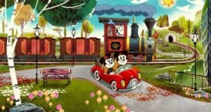 Mickey and Minnie Mouse cruise in a red car past a train and vibrant flowers at the lively Mickey & Minnie’s Runaway Railway attraction.