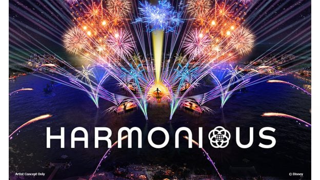 Spectacular EPCOT fireworks dazzle over the lagoon with “Harmonious” shining in bold white, celebrating Disney magic.
