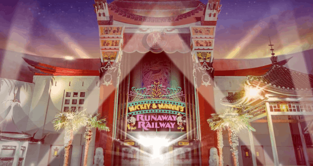 Glittering marquee lights welcome guests to Mickey & Minnie’s Runaway Railway at Disney’s dazzling Hollywood-themed theater.