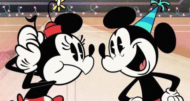 Mickey & Minnie, in festive party hats, share a joyful moment in a vibrant cartoon scene, celebrating Disney magic together.