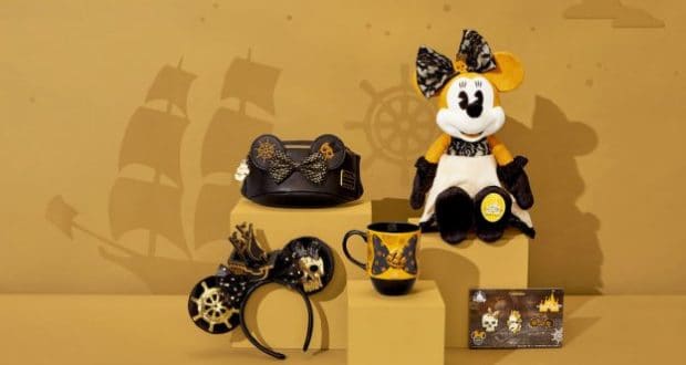 Steampunk Minnie Mouse plush, ear headbands, mug, and Main Attraction accessories featured on a vibrant yellow Disney backdrop.