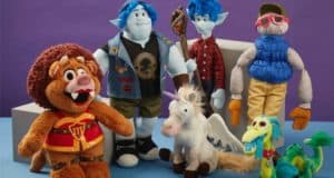 Onward’s blue elf plushes, plus a lion, unicorn, dragon, and doll in shades on a purple backdrop—perfect for Pixar fans!.