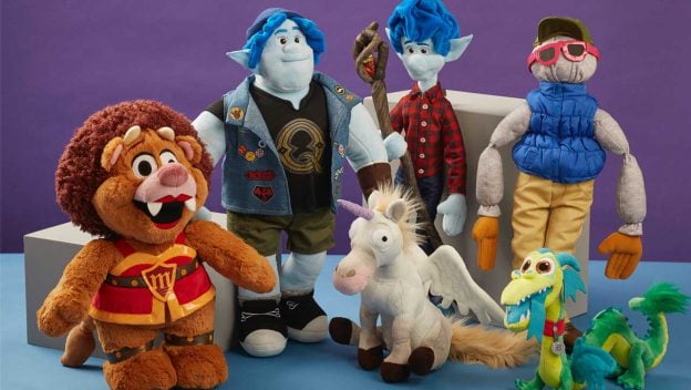 Onward’s blue elf plushes, plus a lion, unicorn, dragon, and doll in shades on a purple backdrop—perfect for Pixar fans!.