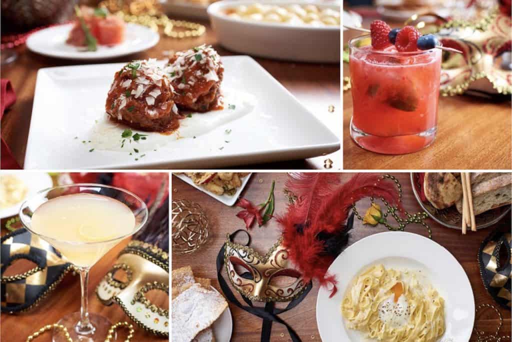 Mardi Gras dishes, cocktails, and colorful masks fill a vibrant table, capturing Carnevale excitement at Disney Springs.
