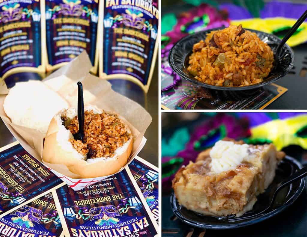 Cajun classics—jambalaya in bread, rice dish, and bread pudding—on Mardi Gras flyers at Disney Springs’ lively celebration.