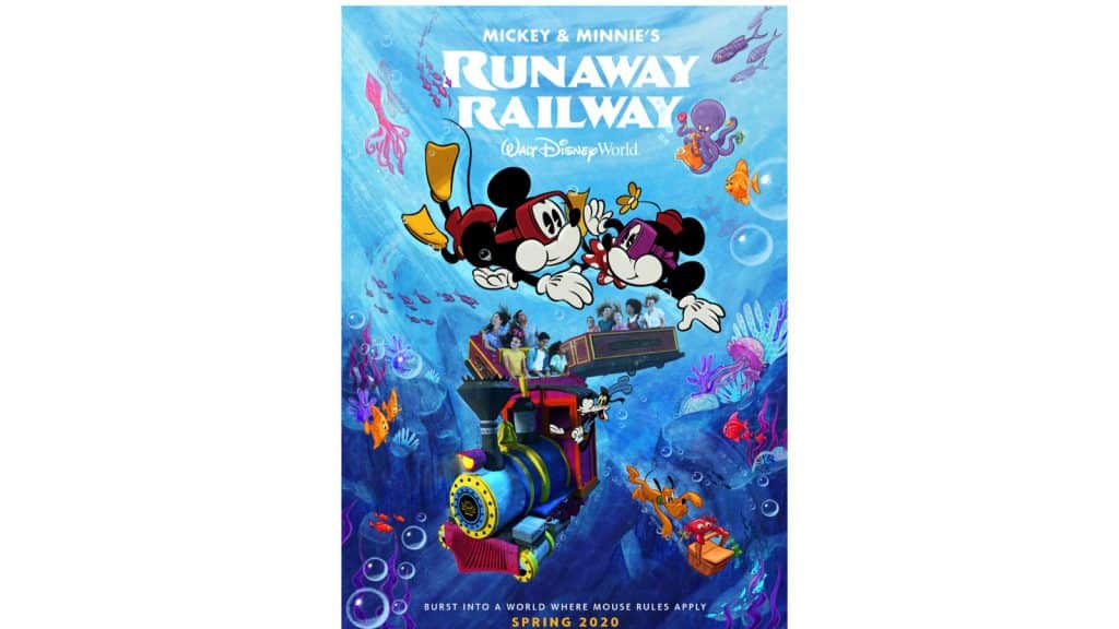 Mickey & Minnie Mouse journey beneath the sea on a vibrant train, surrounded by ocean life, celebrating Runaway Railway magic at Disney World.