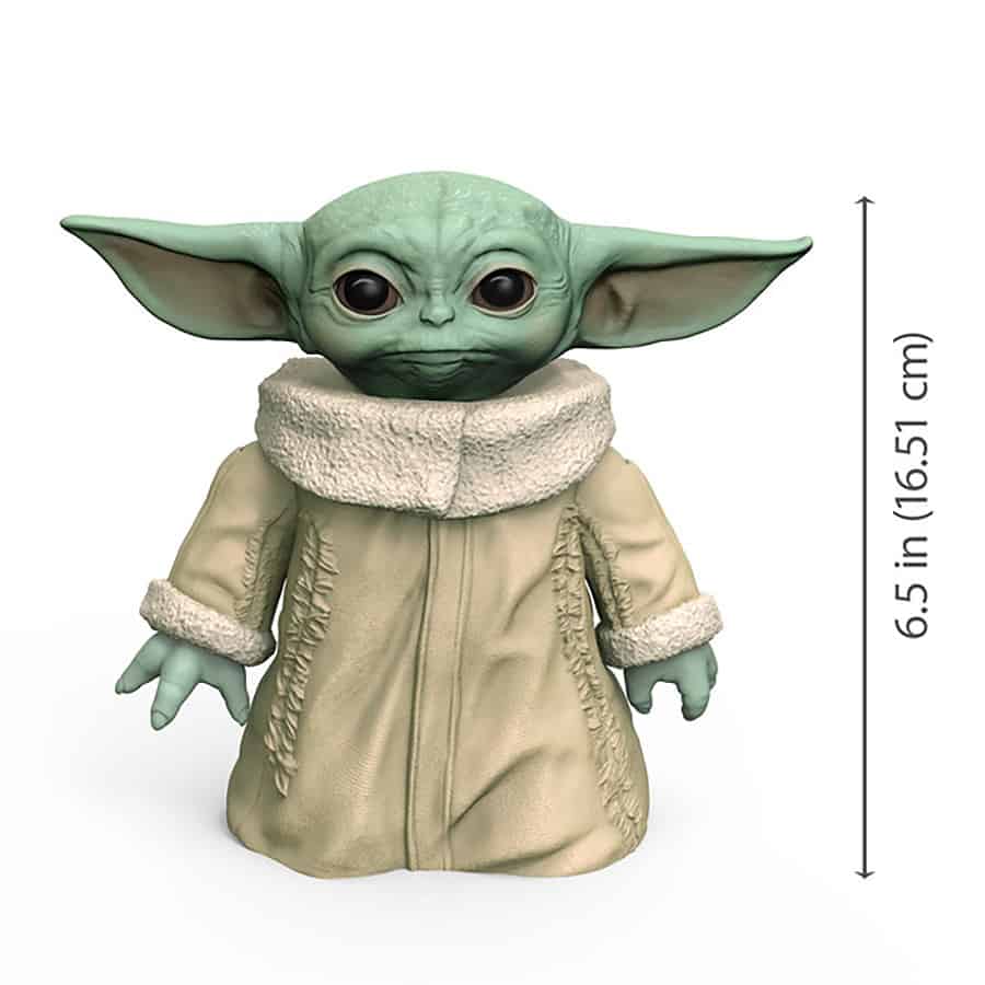 Grogu from The Mandalorian—6.5-inch green figure with big eyes and tan coat, perfect for Star Wars fans at Galaxy’s Edge.