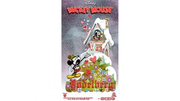 Mickey Mouse yodels to Minnie at a snowy, flower-filled alpine house; "Yodelberg Poster" from the Runaway Railway Countdown Series.