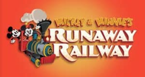 Mickey and Minnie ride a vibrant steam train by "Mickey & Minnie’s Runaway Railway" text, celebrating Disney fun with Cast Members.
