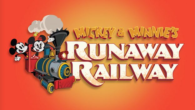 Mickey and Minnie ride a vibrant steam train by "Mickey & Minnie’s Runaway Railway" text, celebrating Disney fun with Cast Members.