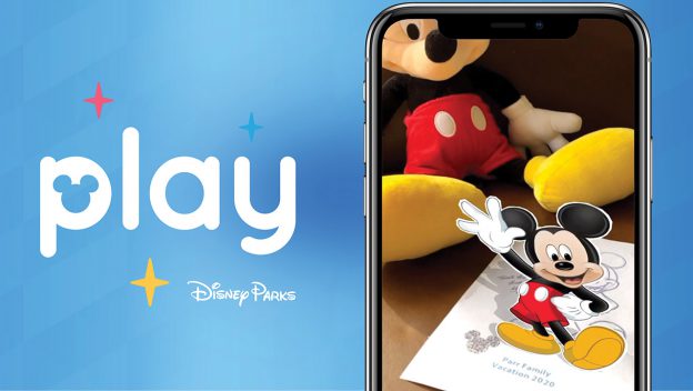Mickey Mouse animated on a smartphone with "play" and Play Disney Parks App logo, set against a vibrant Disney Parks blue backdrop.