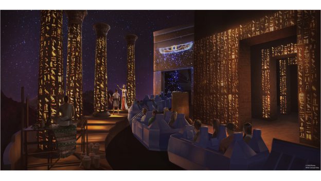 Experience a Spaceship Earth-style journey through a glowing, hieroglyph-covered Egyptian temple on a thrilling nighttime ride.