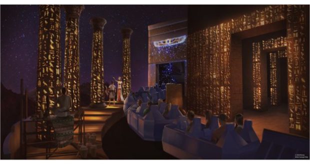 Guests journey through an epic Egyptian scene, glowing hieroglyphs and a star-lit sky channeling classic Epcot nostalgia.