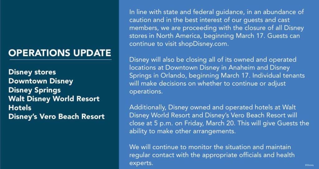 Blue Walt Disney World graphic details park operation changes, lists impacted resorts, outlines safety steps and guest options.