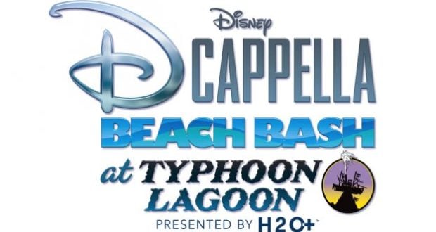Disney Beach Bash at Typhoon Lagoon logo with DCappella, presented by H2O+, inviting fans to join the ultimate Disney water party.