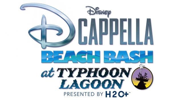 Disney Beach Bash at Typhoon Lagoon logo with DCappella, presented by H2O+, inviting fans to join the ultimate Disney water party.