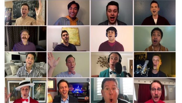 Sixteen Disney entertainers, including the Dapper Dans, perform virtually, inviting fans to join the magic and request songs.