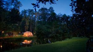 A glowing tent by a wooded lake at dusk, with camp chairs and a bird—evoking evenings at Disney’s Fort Wilderness Resort.