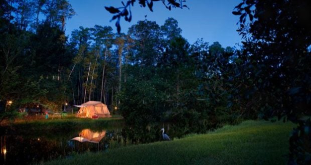 A glowing tent by a wooded lake at dusk, with camp chairs and a bird—evoking evenings at Disney’s Fort Wilderness Resort.