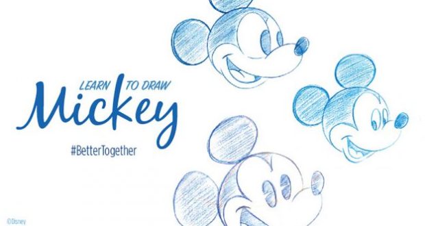 Blue pencil sketches of Mickey Mouse’s face and "Learn to Draw Mickey #BetterTogether" invite Disney Parks fans to draw the magic.