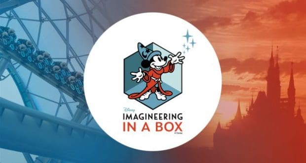 Mickey Mouse as a wizard promotes "Imagineering In A Box" with Disney park scenes, sparking fans’ creativity through Imagineering.