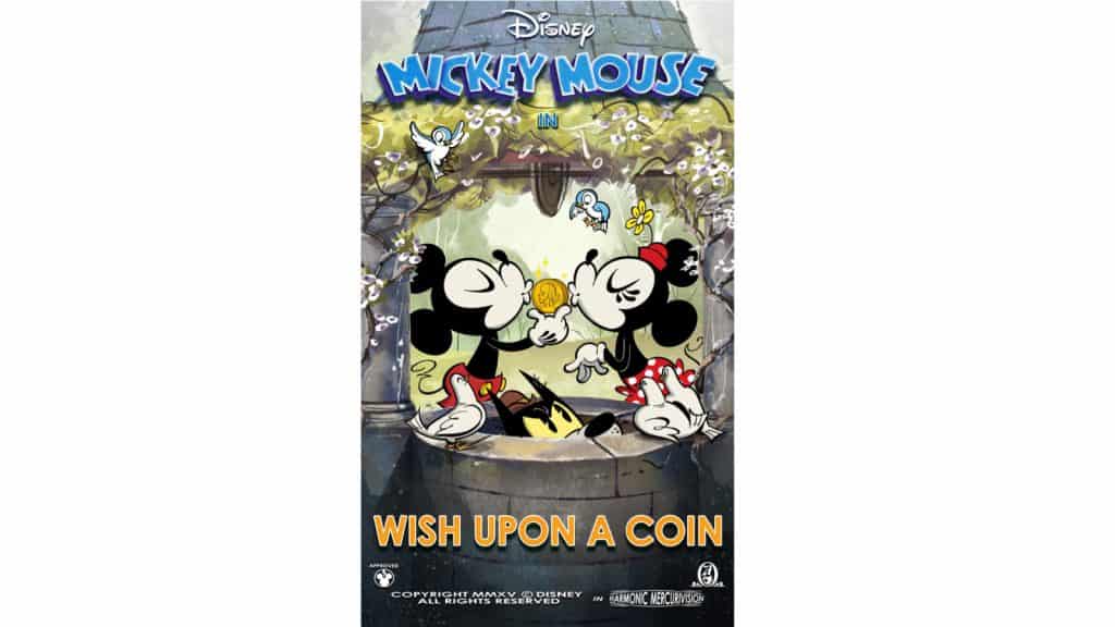 Mickey and Minnie share a kiss by the wishing well, birds fluttering around, under "Wish Upon a Coin" at Hollywood Studios.