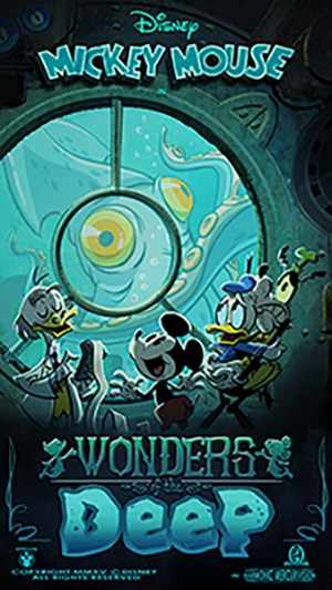 Mickey, Donald, and Goofy peer in awe at a massive sea creature through a submarine window, capturing Disney’s spirit of adventure.