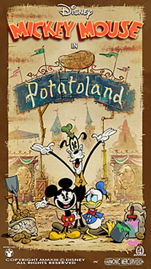 Mickey, Goofy, and Donald smile in front of the Potatoland sign at Disney’s Hollywood Studios, celebrating Runaway Railway fun.