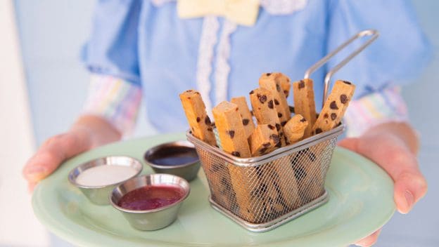 Plant-Based Cookie Fries with trio of dipping sauces served Beaches & Cream Soda Shop–style, perfect for Disney snack lovers.