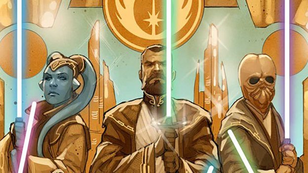Jedi Knights with lightsabers pose before a luminous High Republic emblem and futuristic cityscape at Star Wars: Galaxy’s Edge.