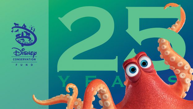 A cheerful animated orange octopus with big eyes poses in front of a green Disney Conservation Fund 25th anniversary logo.