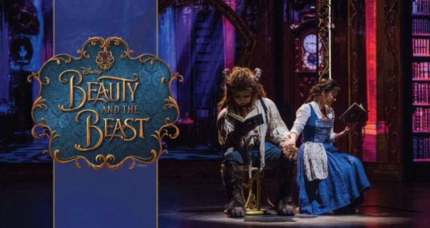 Beast and Belle enjoy a book in the grand library; the Beauty and the Beast logo invites fans to a Disney Cruise Line Virtual Viewing.