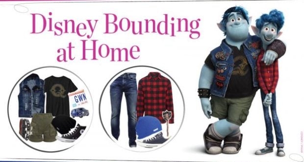 Ian and Barley from Onward stand by DisneyBound-inspired outfit flatlays, with "Disney Bounding at Home" in the background.