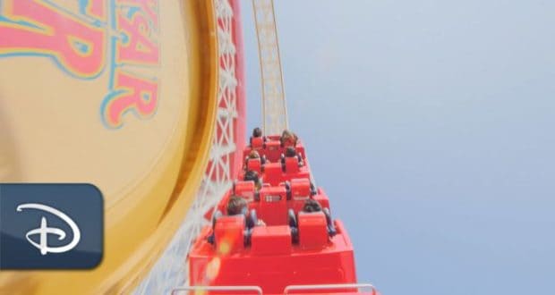 Take a thrilling virtual ride on the Incredicoaster at Disneyland, racing up the red track past Pixar Pier under a clear blue sky.